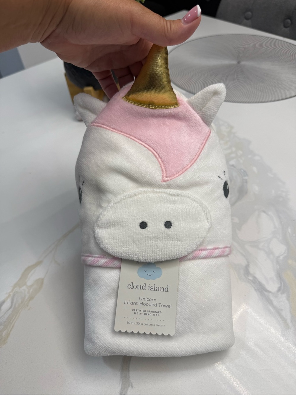 Unicorn hooded towel for Infant or small child with Pink Trim & Gold Accent New
